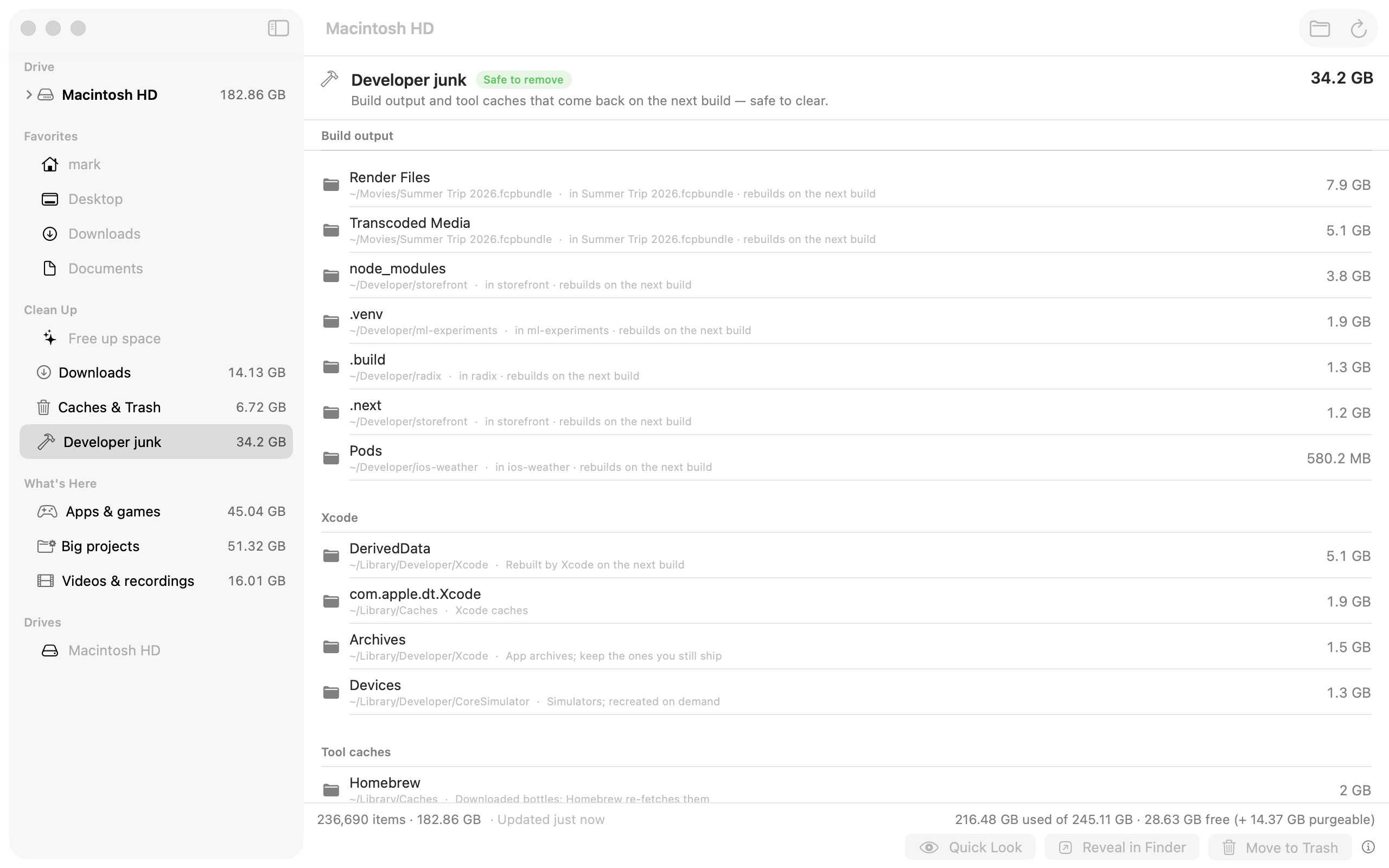 The Developer junk list: DerivedData, caches and build folders with sizes and safety badges