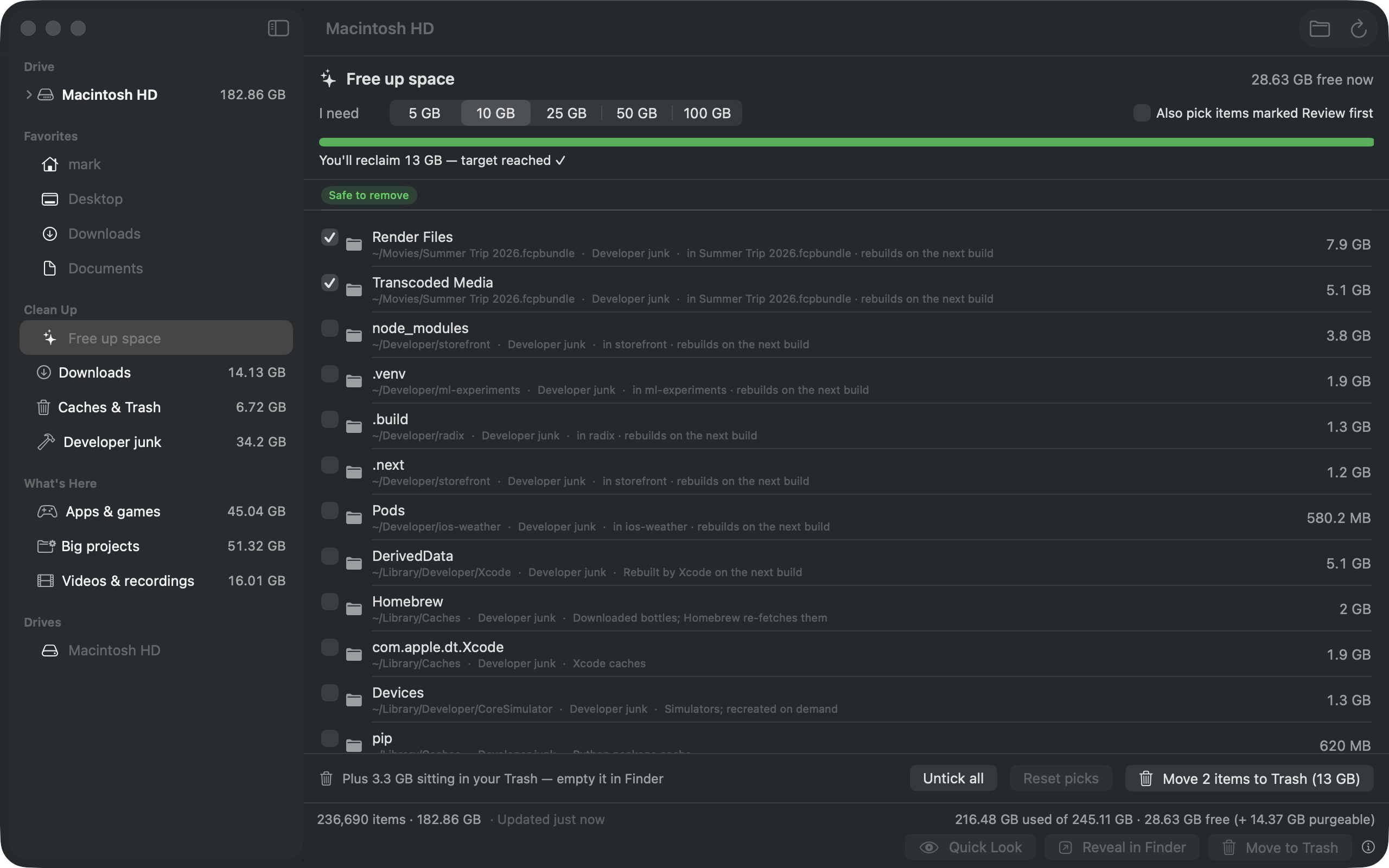 The Free up space view in dark mode