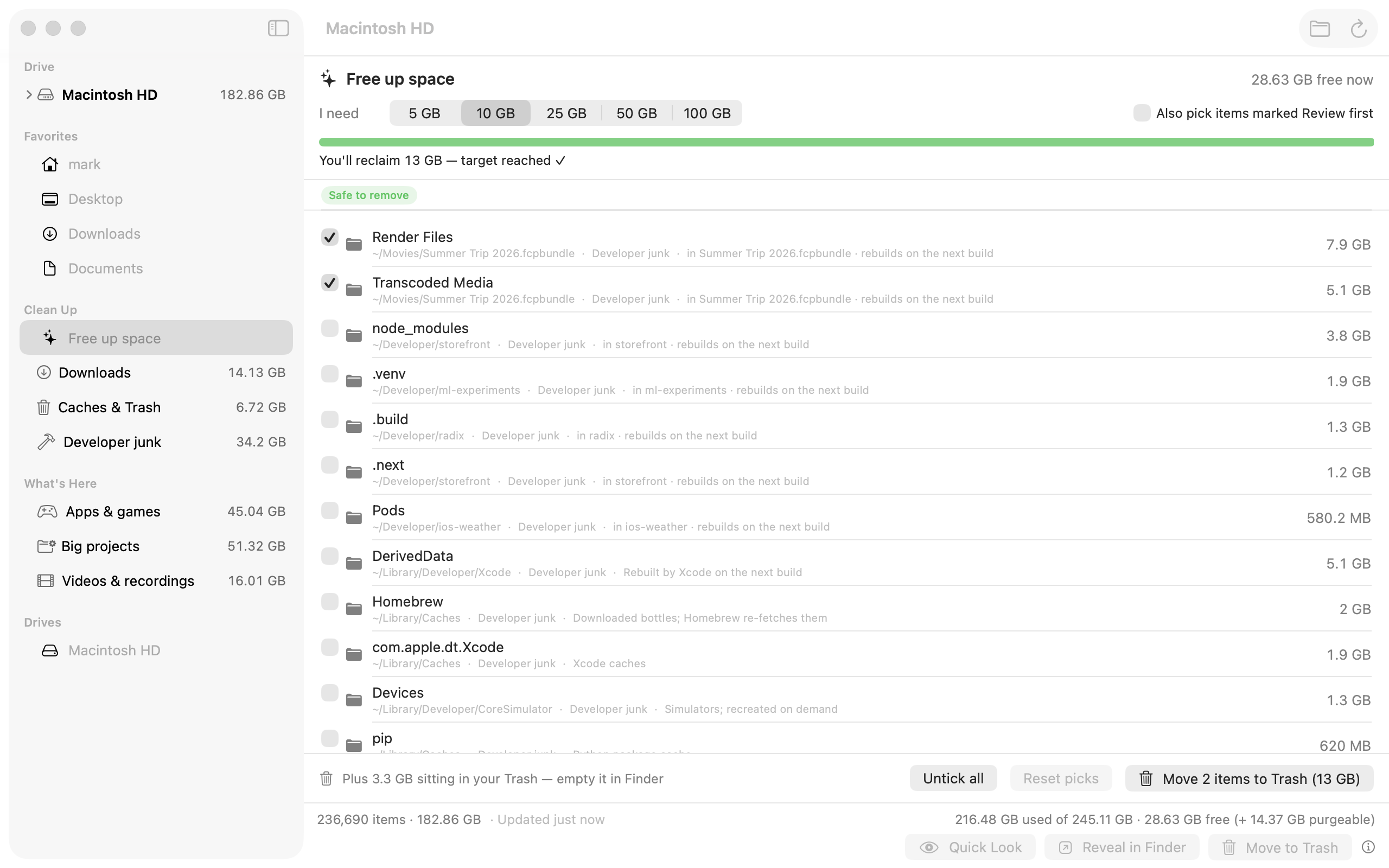 The Free up space view: a target of 10 GB with the safest candidates pre-ticked