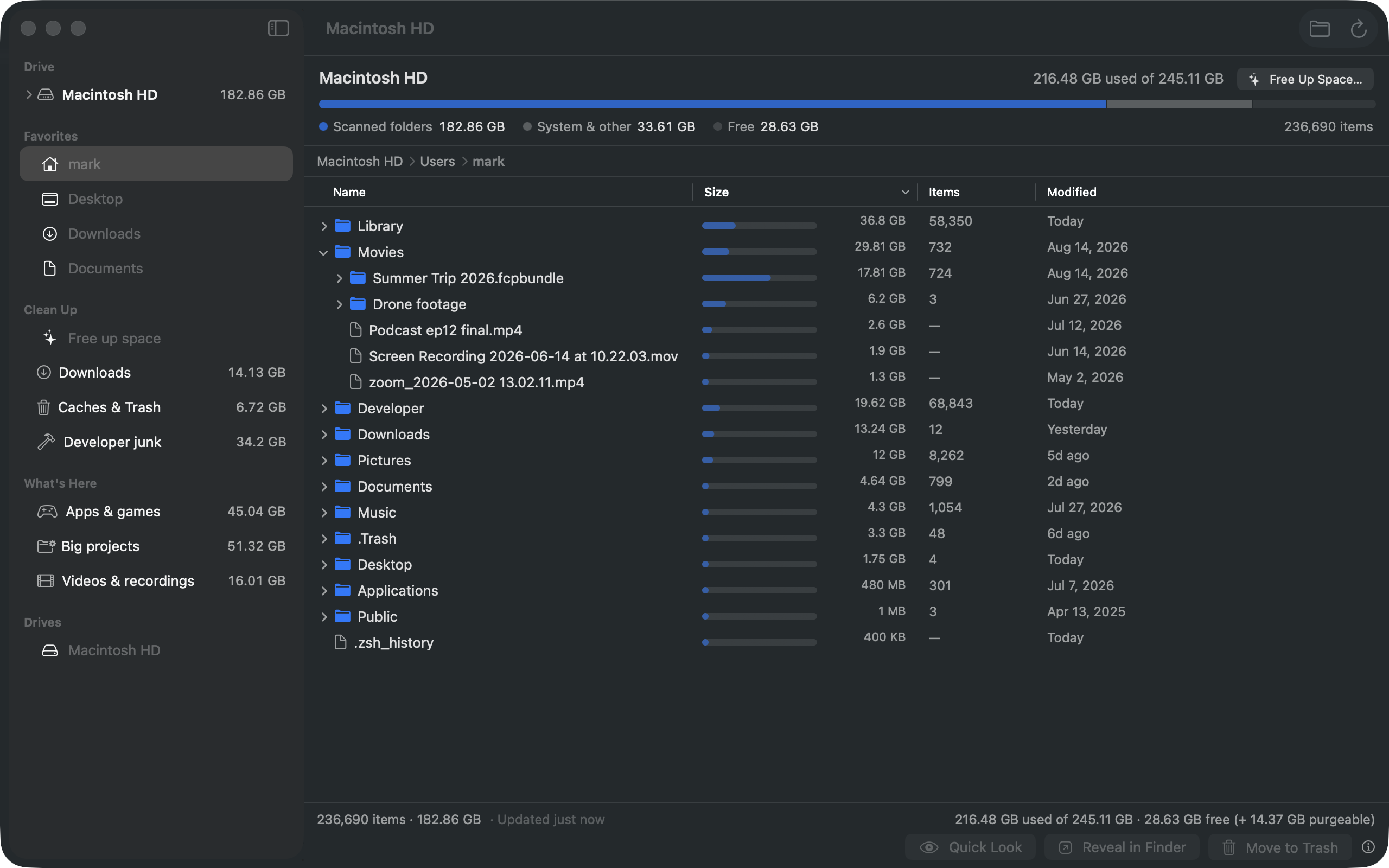 Foldscale showing a home folder in dark mode: every folder with its size, sorted biggest-first